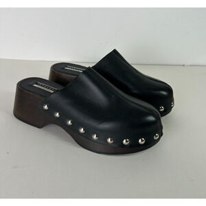 Topshop Leather Mule Clogs Black + Brown Studded Wooden Platform Sandal 7